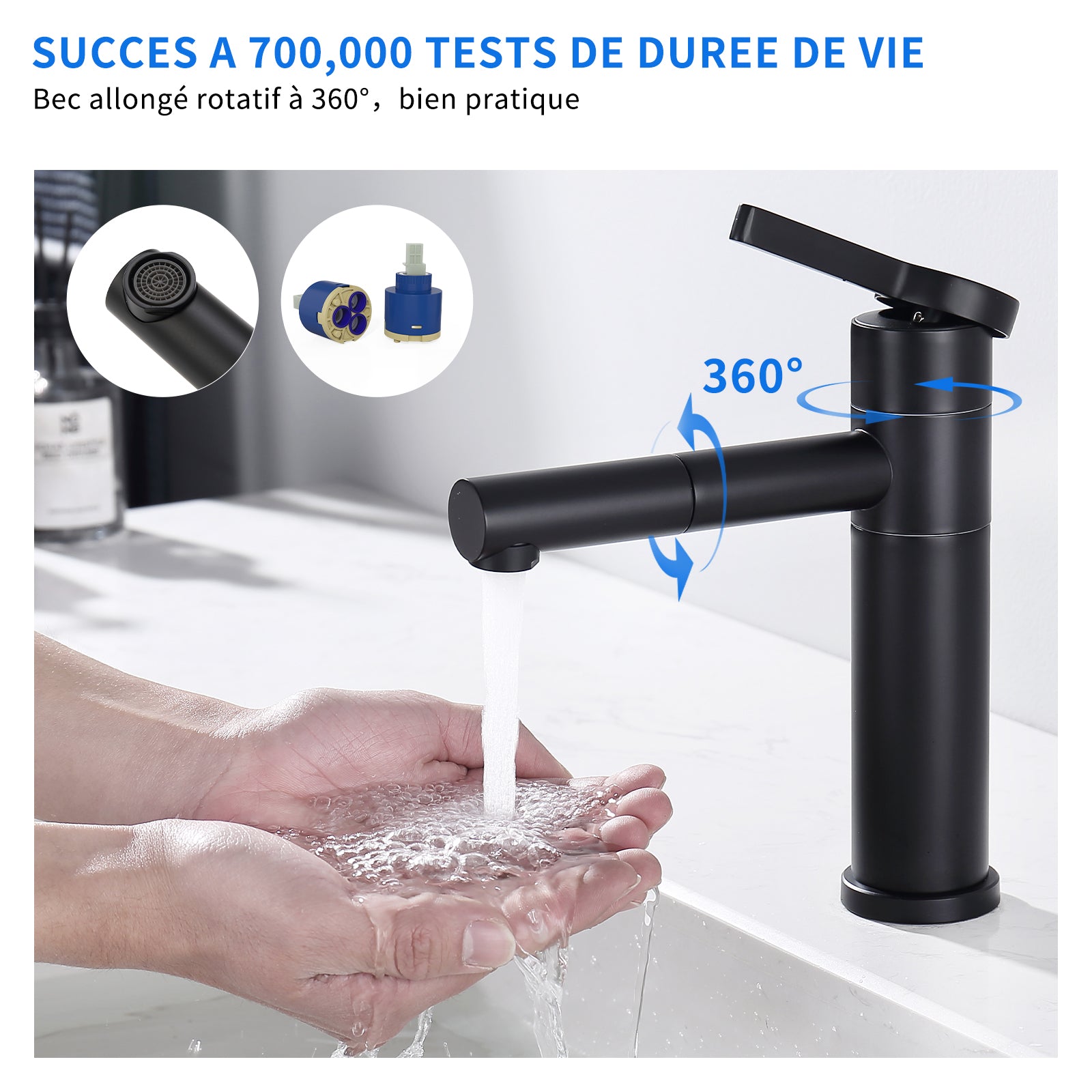 Homelody Robinet Salle de Bain Noir avec Bec Rotatif 360° Acier Inoxydable Créatif Mitigeur à Eau Froide et Chaude