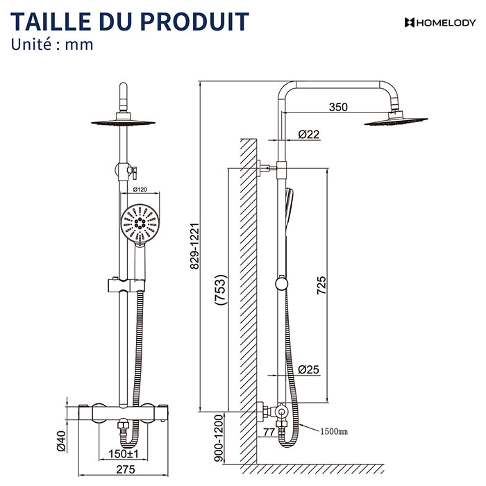 Kit de Douche Noire Hauteur Réglable