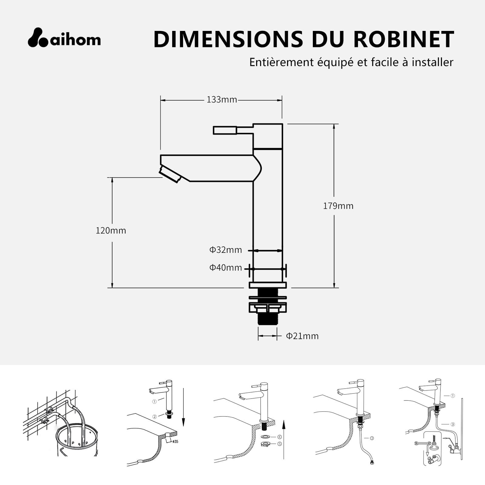 Ronde Mitigeur Eau Froide pour Lave-Mains Bassin et WC Robinetterie Salle de Bain Noir mat en Acier Inox