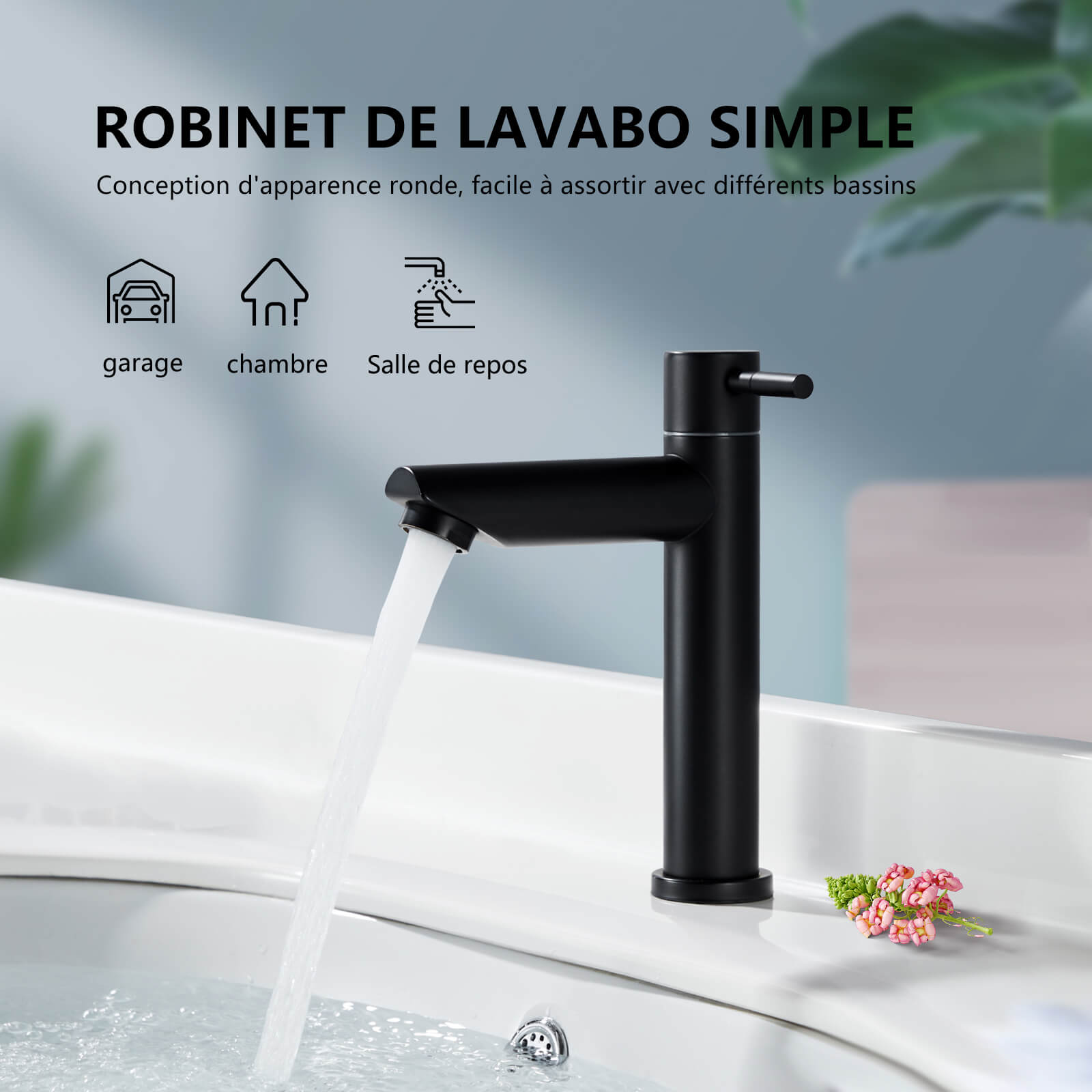 Ronde Mitigeur Eau Froide pour Lave-Mains Bassin et WC Robinetterie Salle de Bain Noir mat en Acier Inox