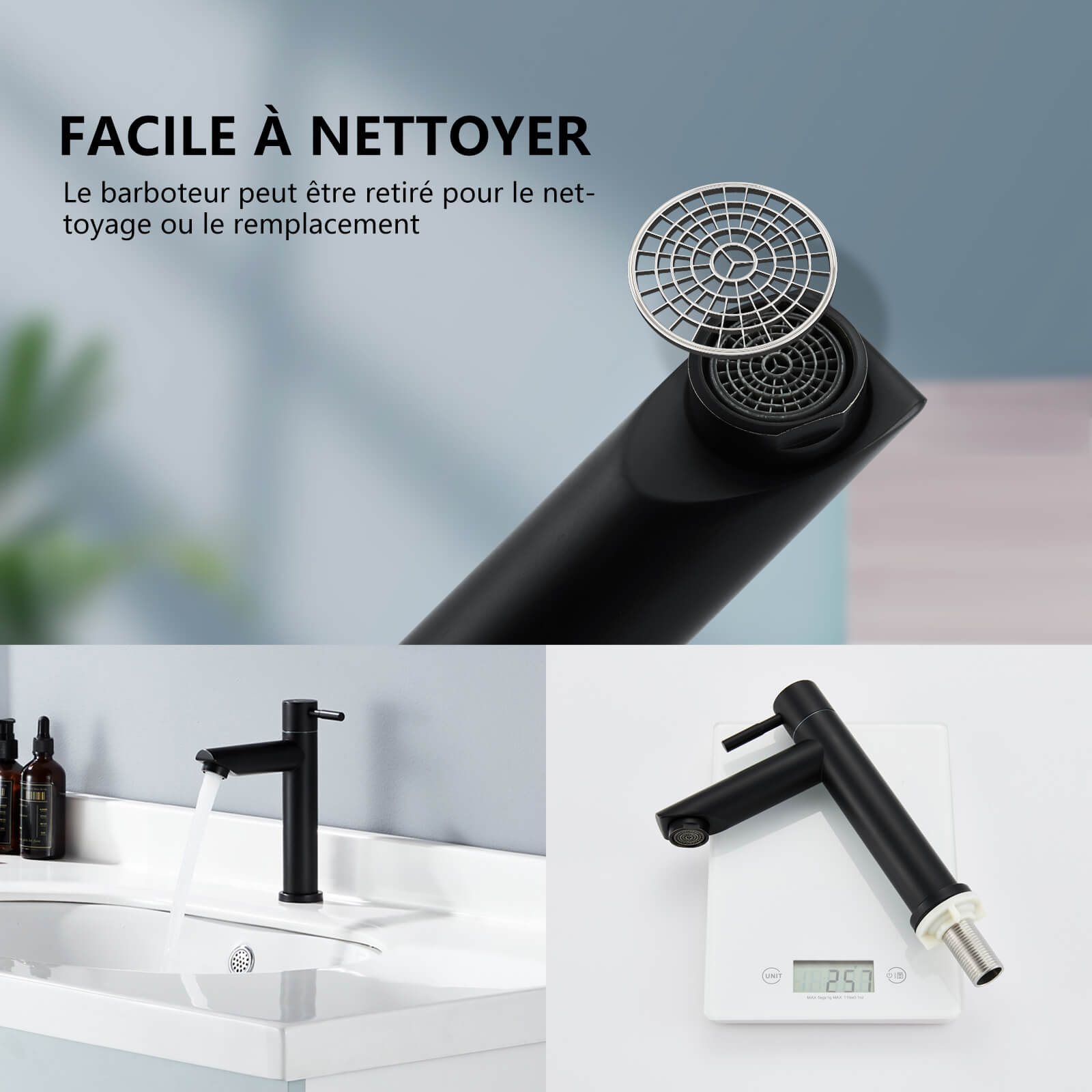 Ronde Mitigeur Eau Froide pour Lave-Mains Bassin et WC Robinetterie Salle de Bain Noir mat en Acier Inox