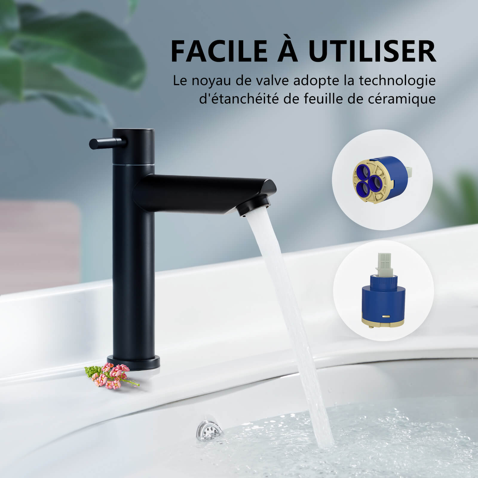 Ronde Mitigeur Eau Froide pour Lave-Mains Bassin et WC Robinetterie Salle de Bain Noir mat en Acier Inox