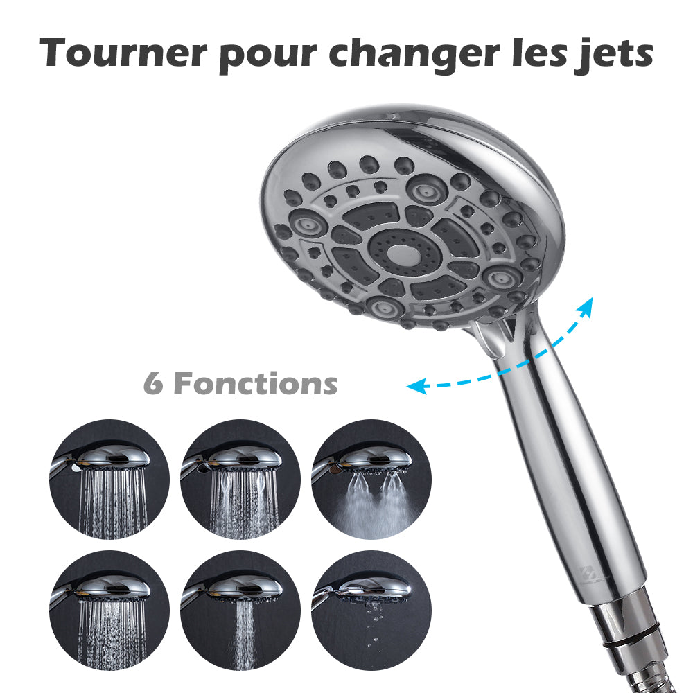 Homelody Pomme de Douche Universelle  6 Jets avec Tuyau et Support